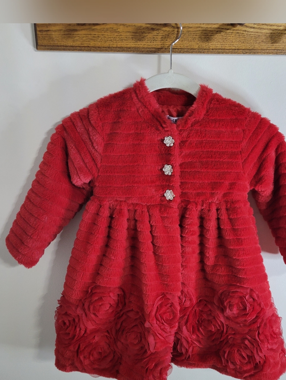 Blueberi Boulevard Red Rose Floral Trim Girls Coat w/ Crystal Buttons, Size 4T